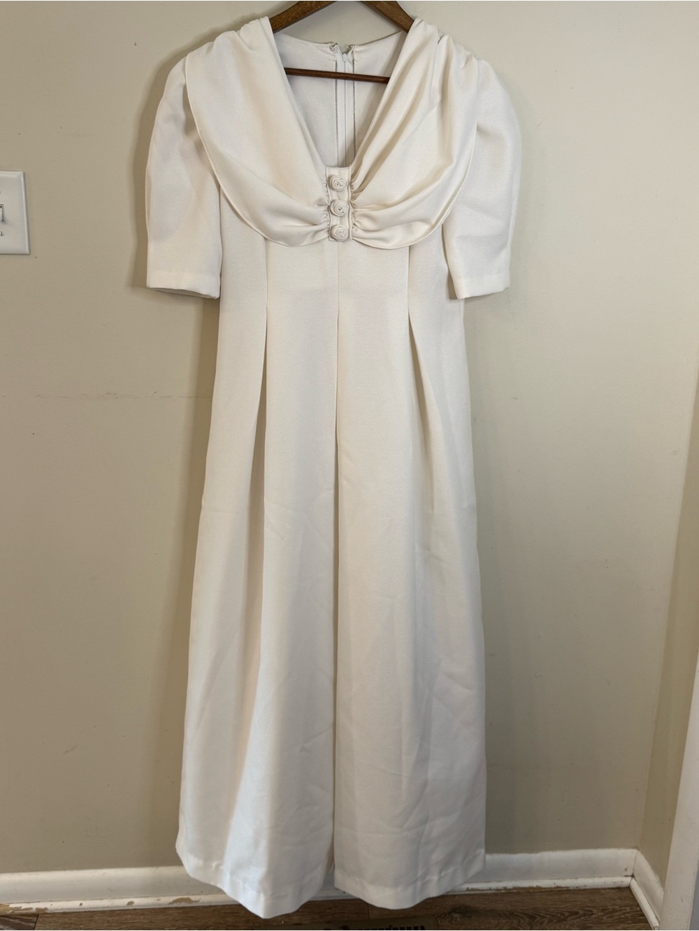 White wide leg retro pleated jumpsuit floral decor bridal wedding 17”PTP flat